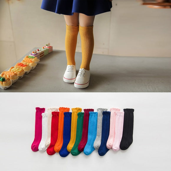 YWHUANSEN 1 Pair Spring  Autumn Winter Cotton Lace Double Needle Children Breathable Socks Solid Baby Girls Knee Socks School