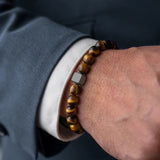Men Bracelet  Essential Charm Jewelry Fashion Luxury Golden & silver cube 8mm tiger eye stone bead handmade Bracelets Male homme