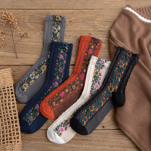 2019 New Fashion Women Socks Cotton Euramerican National Wind Flowers Autumn and Winter Ladies Socks Warm and Cute 190