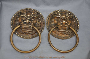 2PCS 8" China Fengshui Bronze Foo Dog dragon kyli Door Holder Gate Knockers One Pairr Garden Decoration 100% real Brass Bronze