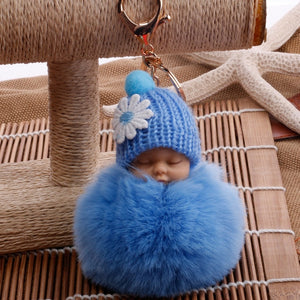 Sleeping Baby Doll Keychain Flower Pompom Rabbit Fur Ball Key Chain Fluffy Car Keyring porte clef Bag Key Ring